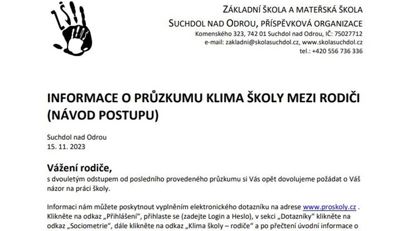 Informace o průzkumu "Klima školy" mezi rodiči (návod postupu)