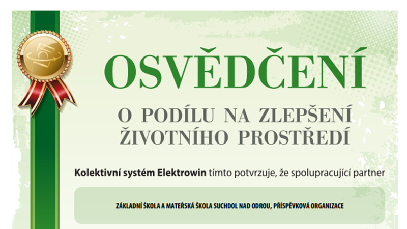 Osvědčení o podílu sběračů naší školy na zlepšení životního prostředí za rok 2020