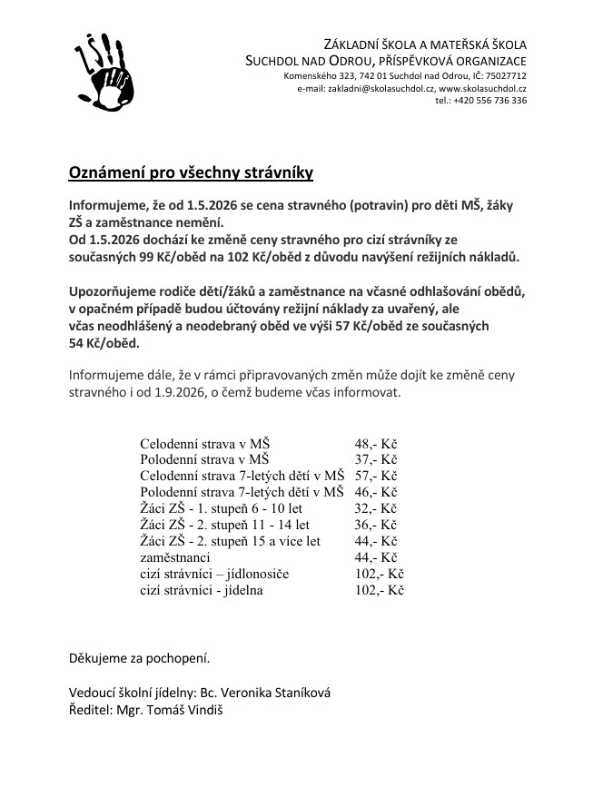 Oznámení pro všechny strávníky