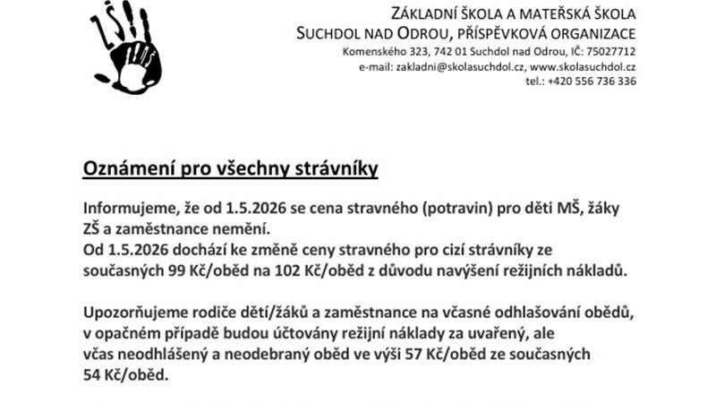 Oznámení pro všechny strávníky