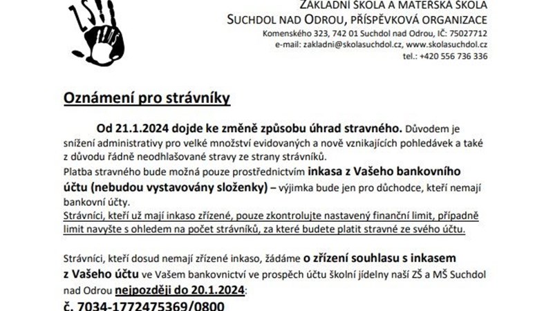 Oznámení pro strávníky - změna způsobu platby za stravné
