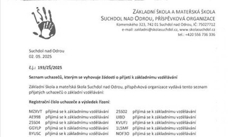 Seznam uchazečů, kterým se vyhovuje žádosti o přijetí k základnímu vzdělávání