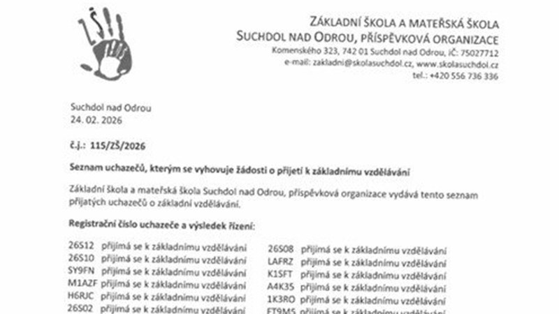 Seznam uchazečů, kterým se vyhovuje žádosti o přijetí k základnímu vzdělávání