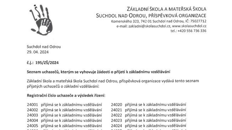 Seznam uchazečů, kterým se vyhovuje žádosti o přijetí k základnímu vzdělávání