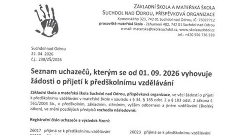 Seznam uchazečů, kterým se od 01. 09. 2026 vyhovuje žádosti o přijetí k předškolnímu vzdělávání